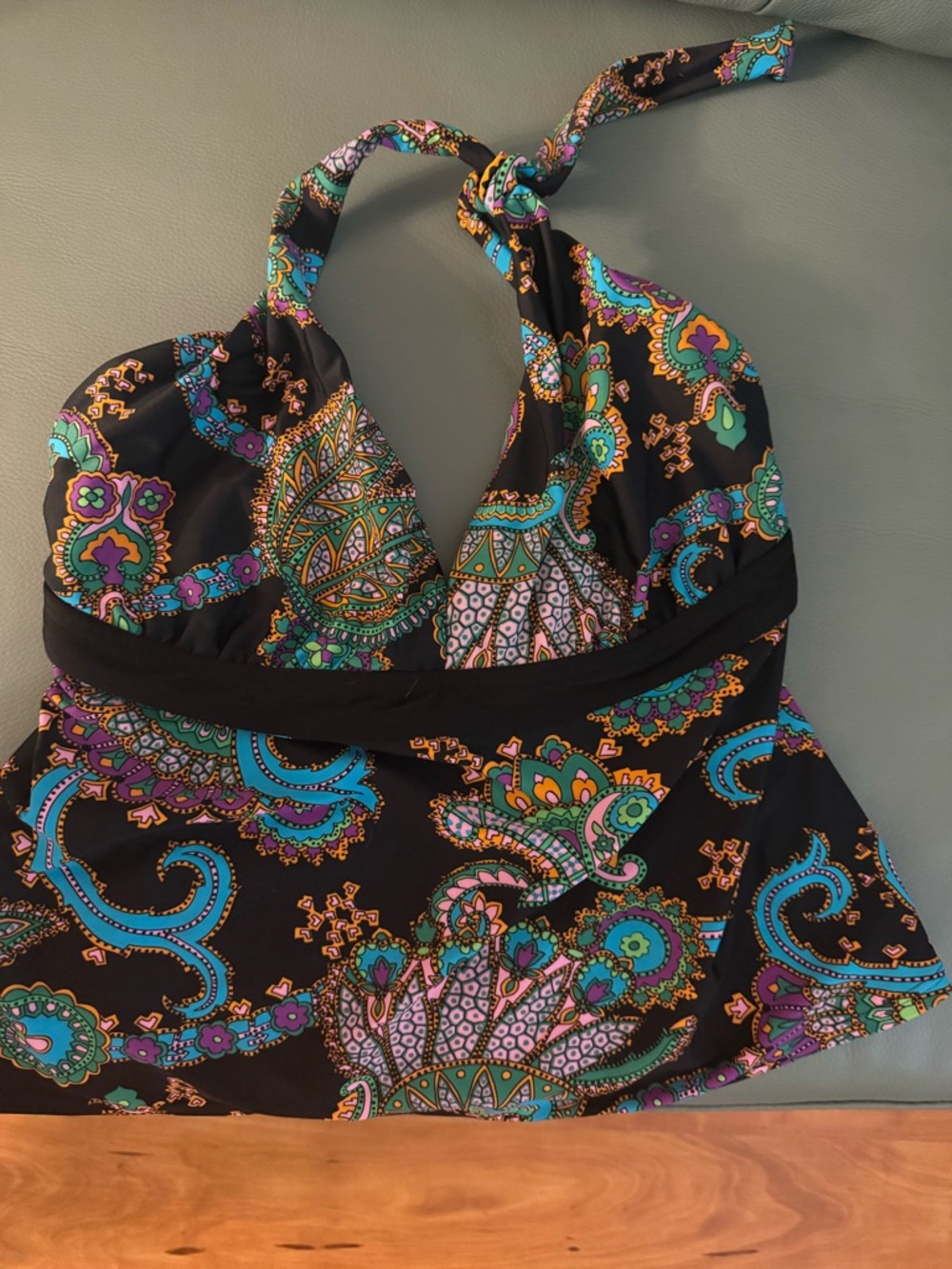 Aerin Multicolor Paisley-Print Swim Top in Black and Teal